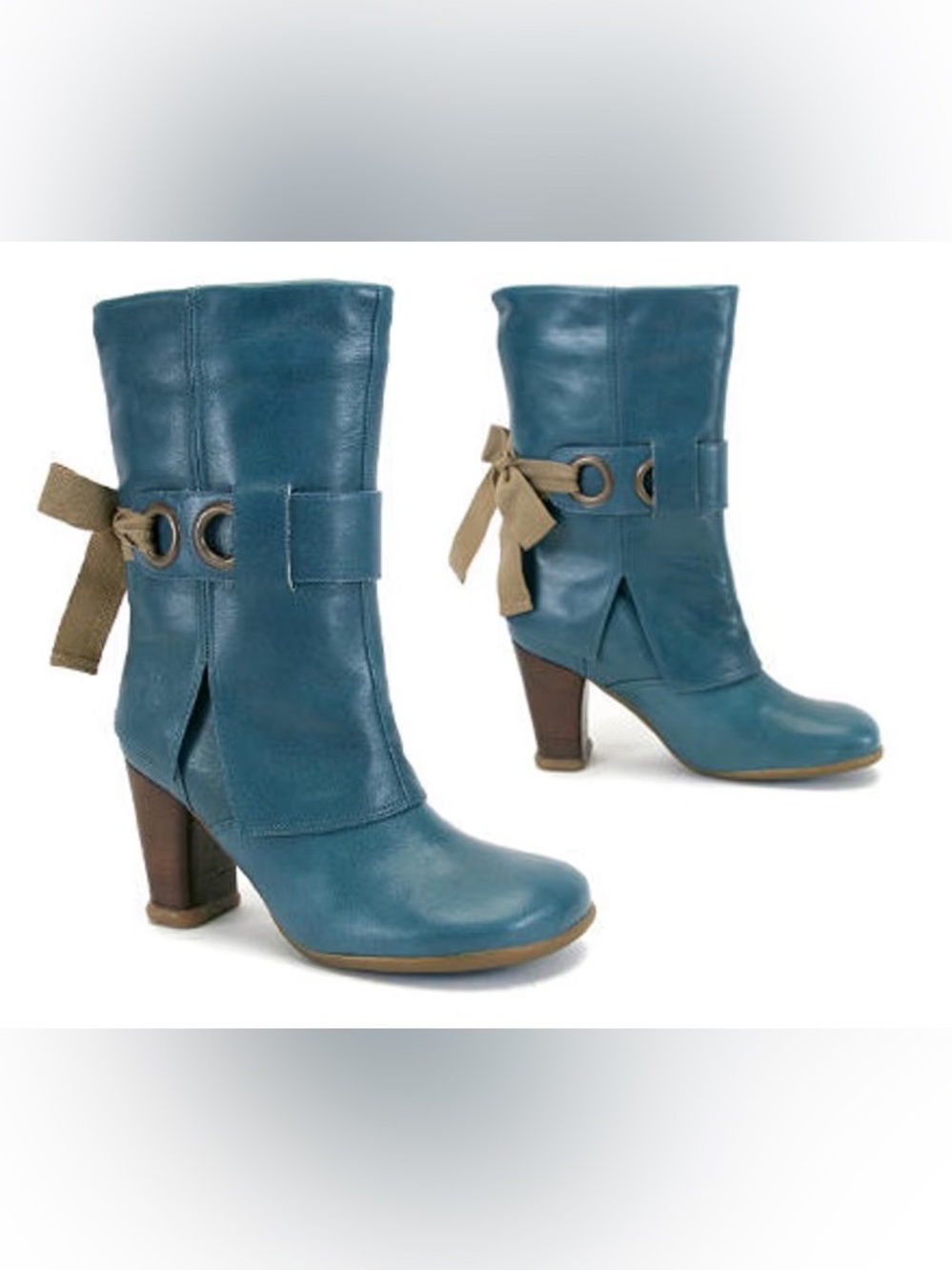 John Fluevog Sopranos Inge: Teal - Mid-Calf Leather Heeled Boots with Buckle